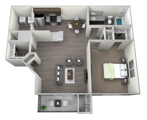 3D rendered drawing of a one bedroom one full bathroom and kitchen floorplan. Featuring a walk in closet in the bedroom and large additional closet in living area, Washer and dryer included. Private patio/balcony with additional outside storage. Approximately 740 square feet.