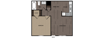 A floor plan of a house with a bedroom, bathroom, kitchen, dining area, living room, and closet.