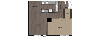 A floor plan of a house with a dining area, kitchen, pantry, bathroom, and bedroom.