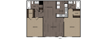 A floor plan of a house with a living room, dining area, kitchen, and two bedrooms.