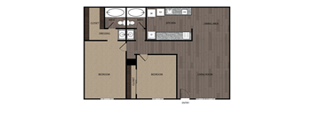 A floor plan of a house with two bedrooms, a living room, a dining area, a kitchen, a bathroom, a dressing area, and a closet.