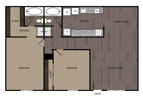 A floor plan of a house with two bedrooms, a living room, a dining area, a kitchen, a bathroom, a dressing area, and a closet.