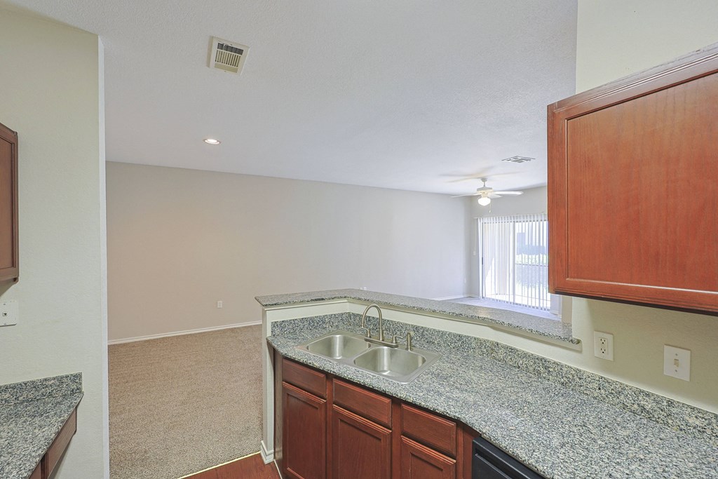 View from kitchen into living and dining area
