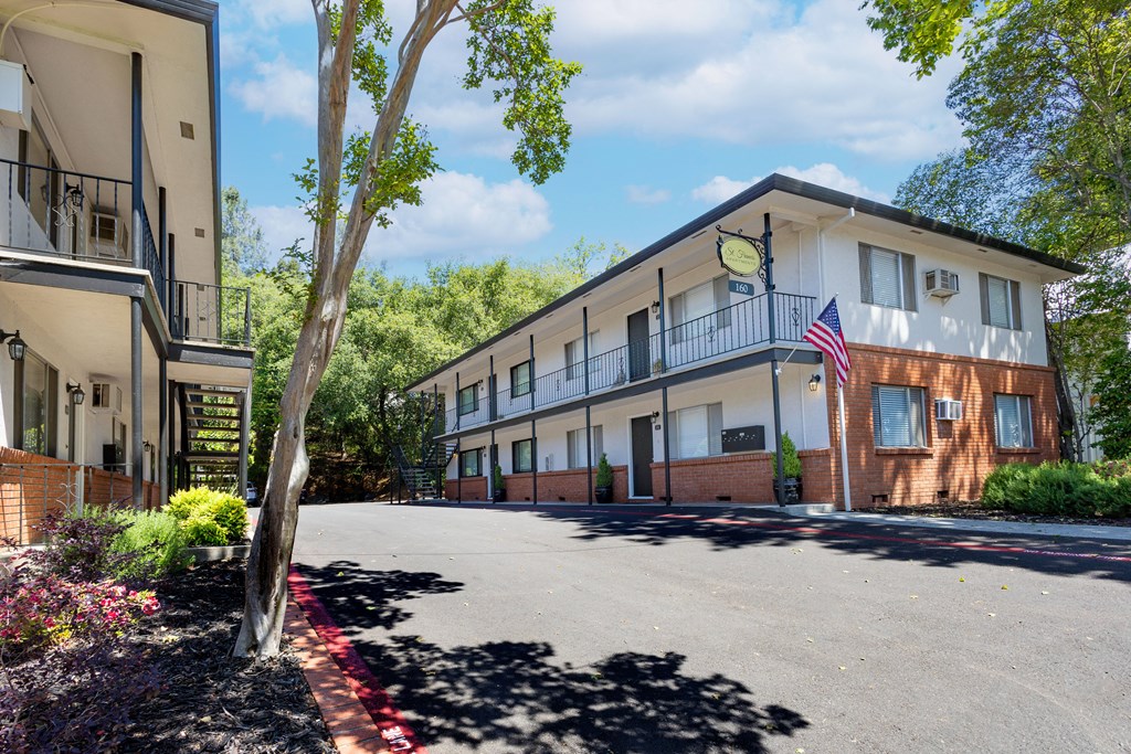 A building with a flag on the balcony is surrounded by trees and plants.