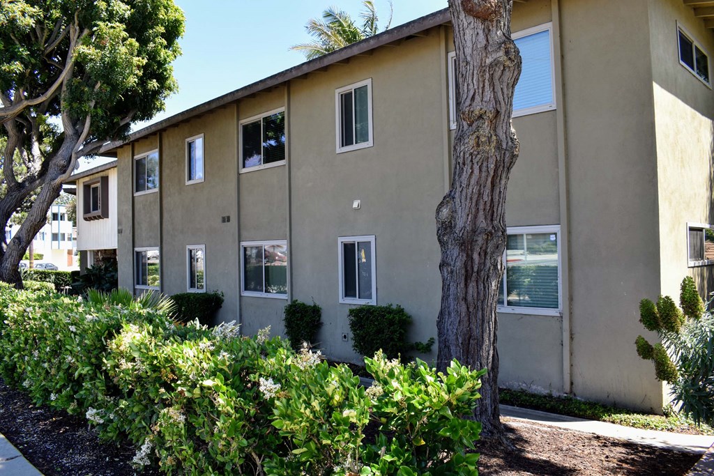 exterior of building with landscaping and trees