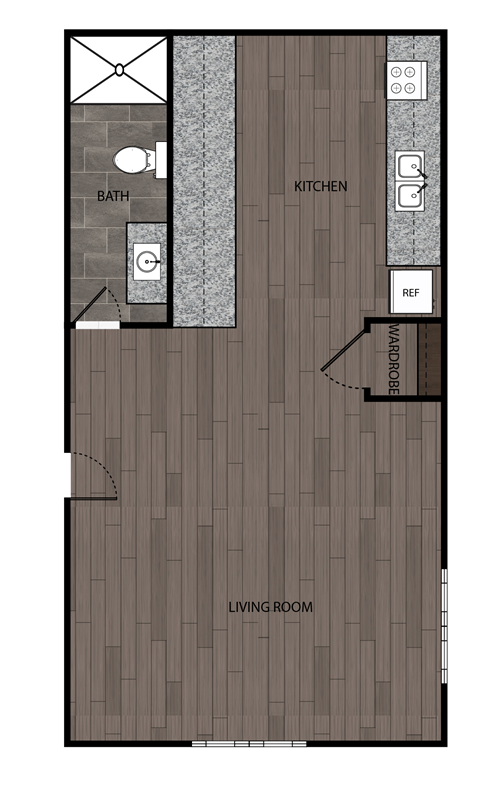 illustration of a 1 bedroom apartment floor plan