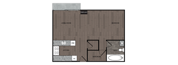 Rendered drawing of studio and one full bathroom floor plan with private patio/ balcony and walk in wardrobe. Approximately 500 square feet.