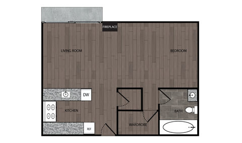 Rendered drawing of studio and one full bathroom floor plan with private patio/ balcony and walk in wardrobe. Approximately 500 square feet.