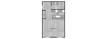 A floor plan of a room with a bath, kitchen, and living room.