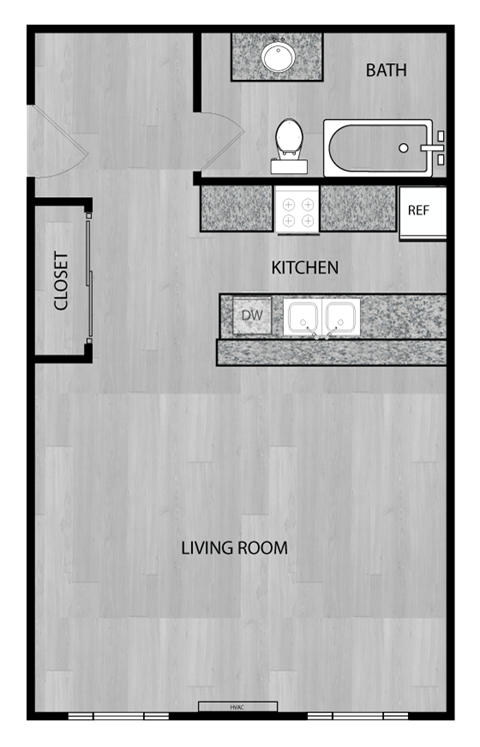 A floor plan of a room with a bath, kitchen, and living room.