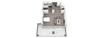 A 3D floor plan of a house with a living room, kitchen, and two bedrooms.