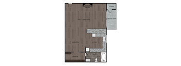 Studio and one full bathroom and kitchen rendered floorplan drawing. Includes private balcony/patio with storage and fireplace. Approximately 480 square feet.