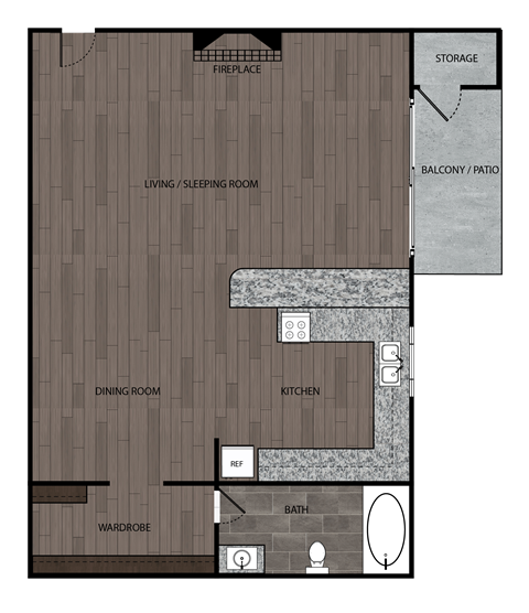 Studio and one full bathroom and kitchen rendered floorplan drawing. Includes private balcony/patio with storage and fireplace. Approximately 480 square feet.