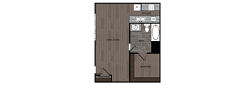 2D rendered drawing of studio and full size bathroom with full size kitchen and walk in wardrobe. Approximately 500 square feet.
