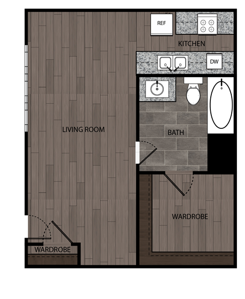 2D rendered drawing of studio and full size bathroom with full size kitchen and walk in wardrobe. Approximately 500 square feet.