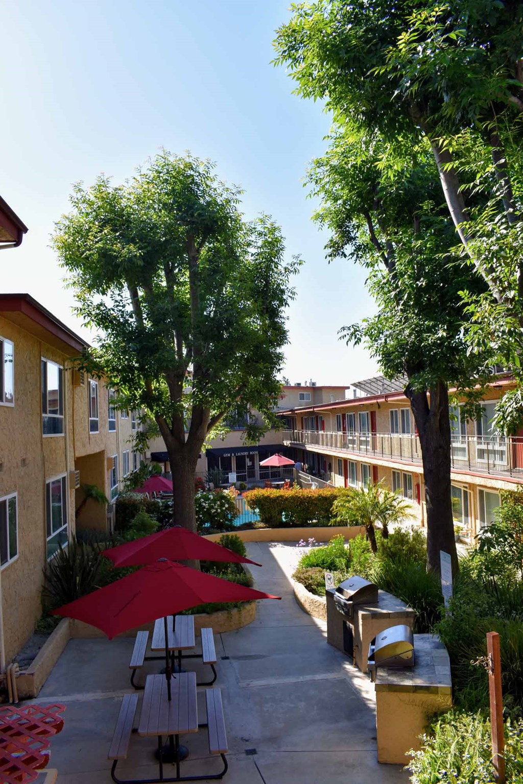 Elevated view of courtyard with grilling station and picnic tables with umbrellas for seating with lush landscaping