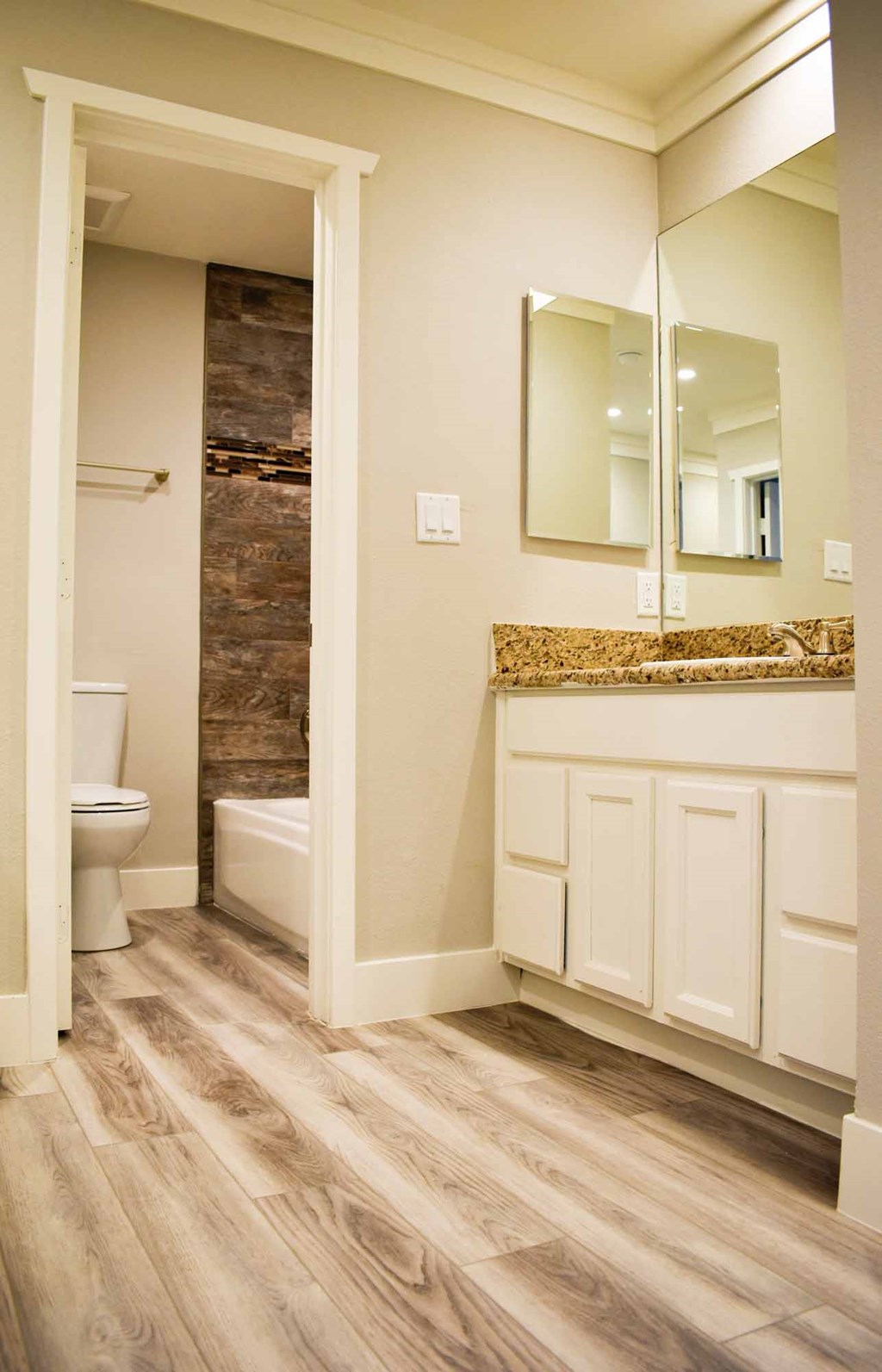 bathroom with wood look flooring, large mirror and medicine cabinet, and peak into bathroom with tub shower combo and toilet