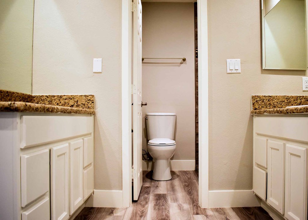 bathroom with wood look flooring, stone counters, white cabinets large mirror, and medicine cabinet.