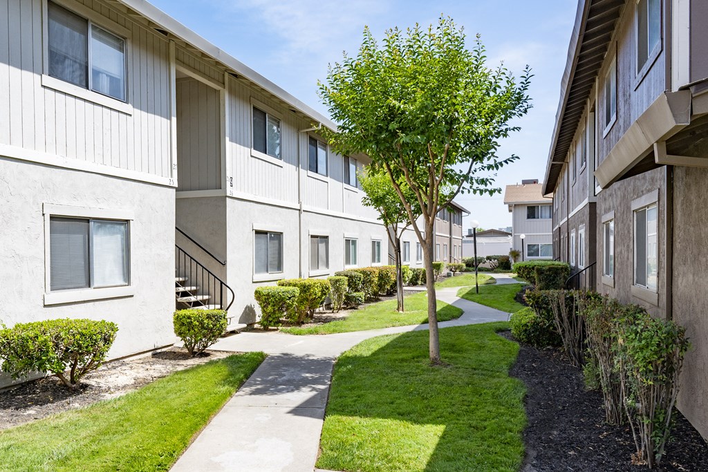 a pathway between two apartment buildings with grass and trees