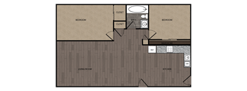 A two bedroom one bath floor plan at Sutter Apartments