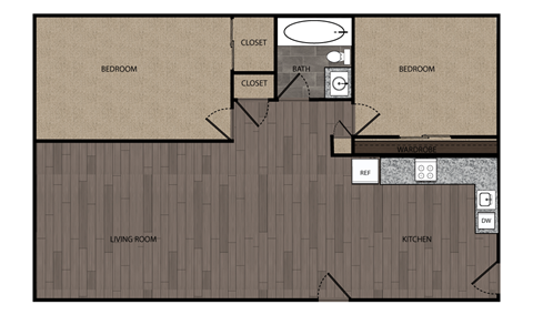 A two bedroom one bath floor plan at Sutter Apartments