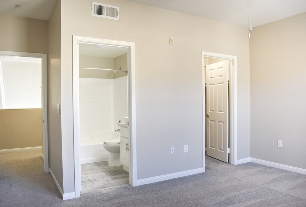 bedroom with carpet flooring, walk in closet, and en suit bathroom