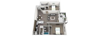 3D rendered drawing of two bedroom two full bathroom and kitchen floor plan with private patio/balcony with outside storage. Approximately 1106 square feet.