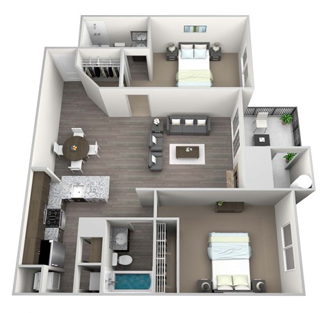 3D rendered drawing of two bedroom two full bathroom and kitchen floor plan with private patio/balcony with outside storage. Approximately 1106 square feet.