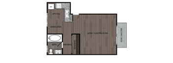 Rendered drawing of studio and one full bathroom and kitchen with private patio/balcony. Approximately 422 square feet.