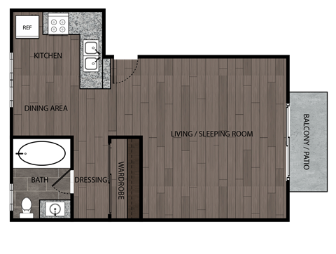 Rendered drawing of studio and one full bathroom and kitchen with private patio/balcony. Approximately 422 square feet.