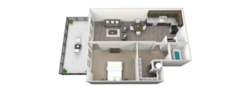 A 3D rendered image of a house layout.