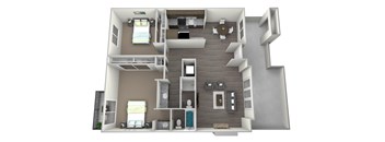 3D rendered furnished drawing of two bedroom and two full bathroom and kitchen floorplan with private balcony. Approximately 1136 square feet