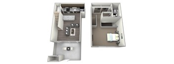 3D furnished rendered drawing of one bedroom and one full bathroom loft style floor plan, with bathroom and private balcony/ patio. Approximately 850 square feet