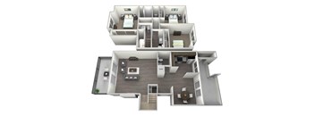 3D rendered furnished drawing of three bedroom and two and a half bathroom and kitchen loft floorplan with private balcony. Approximately 1600 square feet