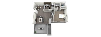 3D rendered furnished drawing of one bedroom and one full bathroom and kitchen floorplan with private balcony. Approximately 767 square feet