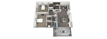 3D rendered furnished drawing of two bedroom and one full bathroom and kitchen floorplan with private balcony. Approximately 1066 square feet