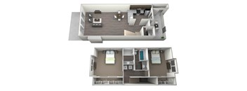 3D rendered furnished drawing of two bedroom and two full bathroom and kitchen loft floorplan with private balcony. Approximately 1325 square feet