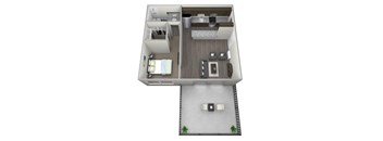 3D rendered  furnished drawing of one bedroom and one full bathroom and kitchen floorplan with private balcony. Approximately 550 square feet