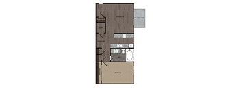2D rendering of one bedroom one full bathroom floor plan featuring private patio. Approximately 592 square feet.