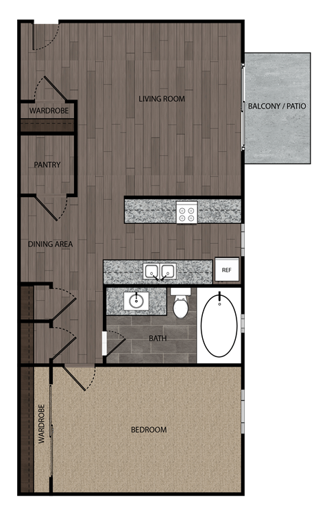 2D rendering of one bedroom one full bathroom floor plan featuring private patio. Approximately 592 square feet.