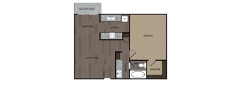 Rendered drawing of one bedroom one full bathroom and kitchen floorplan with private patio/balcony and walk in wardrobe. Approximately 636 square feet.