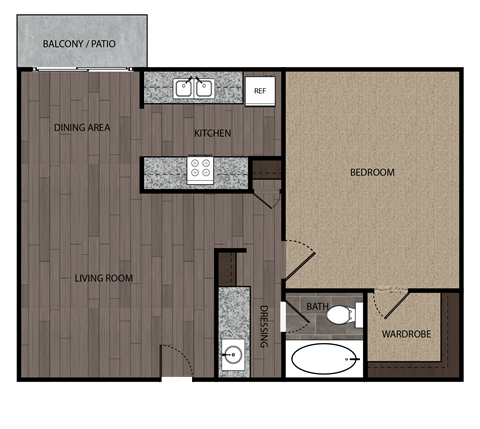 Rendered drawing of one bedroom one full bathroom and kitchen floorplan with private patio/balcony and walk in wardrobe. Approximately 636 square feet.