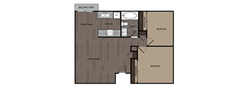 Rendered drawing of two bedroom one full bathroom and kitchen floorplan with private patio/balcony.. Approximately 840 square feet.