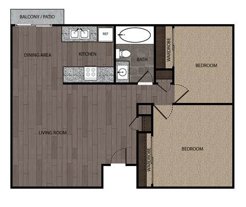 Rendered drawing of two bedroom one full bathroom and kitchen floorplan with private patio/balcony.. Approximately 840 square feet.