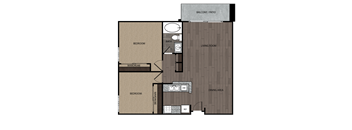 Two bedroom one bath apartment featuring a full kitchen and bathroom, and private patio/balcony. It is approximately 762 square feet, Floorplan is an artist rendering and all dimensions are approximate, Actual units vary in dimension and detail. Not all features are available in every unit. Prices and availability are subject to change without notice. Please call a representative for details
