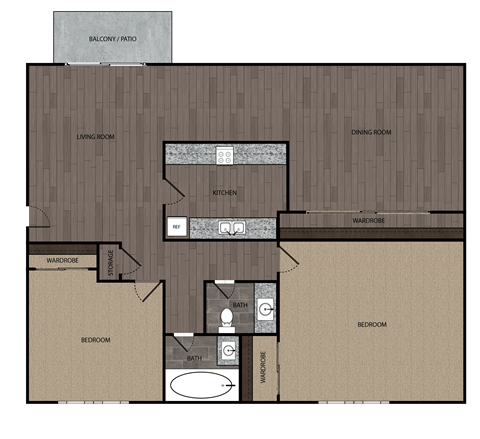 Two bedroom one and a half bath floorplan image at The Boardwalk in Turloc CA