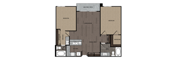 Two bedroom two bath apartment featuring a full kitchen and bathroom, and private patio/balcony. It is approximately 953 square feet, Floorplan is an artist rendering and all dimensions are approximate, Actual units vary in dimension and detail. Not all features are available in every unit. Prices and availability are subject to change without notice. Please call a representative for details