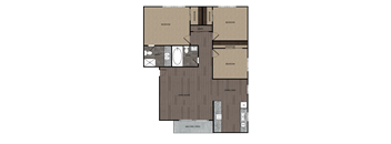 2D rendering of three bedroom two full bathroom floor plan featuring private patio. Approximately 1050 square feet.