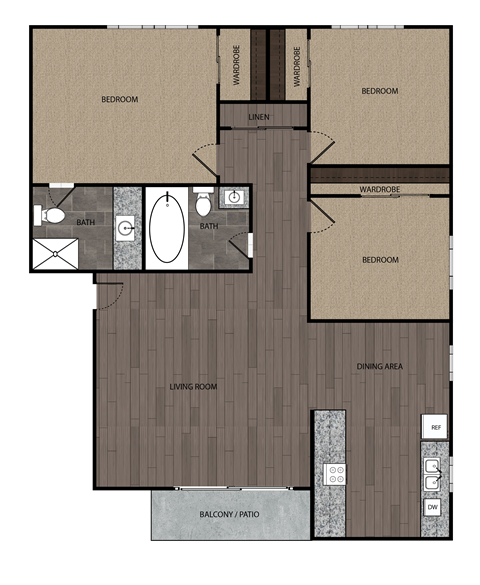 2D rendering of three bedroom two full bathroom floor plan featuring private patio. Approximately 1050 square feet.