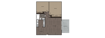 2D rendering of two bedroom one full bathroom floor plan featuring private patio. Approximately 760 square feet.